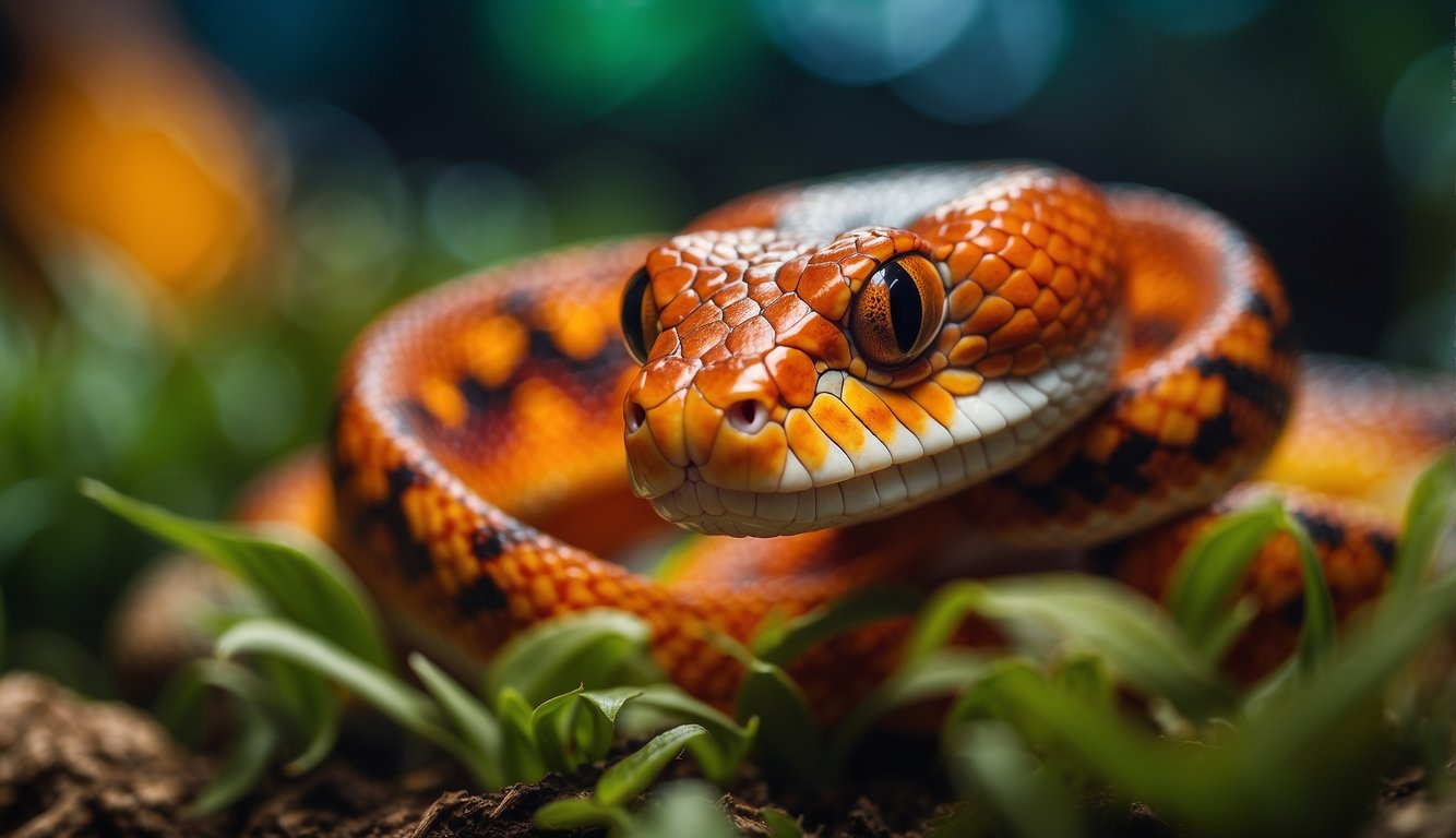 A vibrant corn snake slithers through a colorful terrarium, basking under a warm light.

Its scales shimmer in shades of red, orange, and yellow, captivating the attention of young onlookers