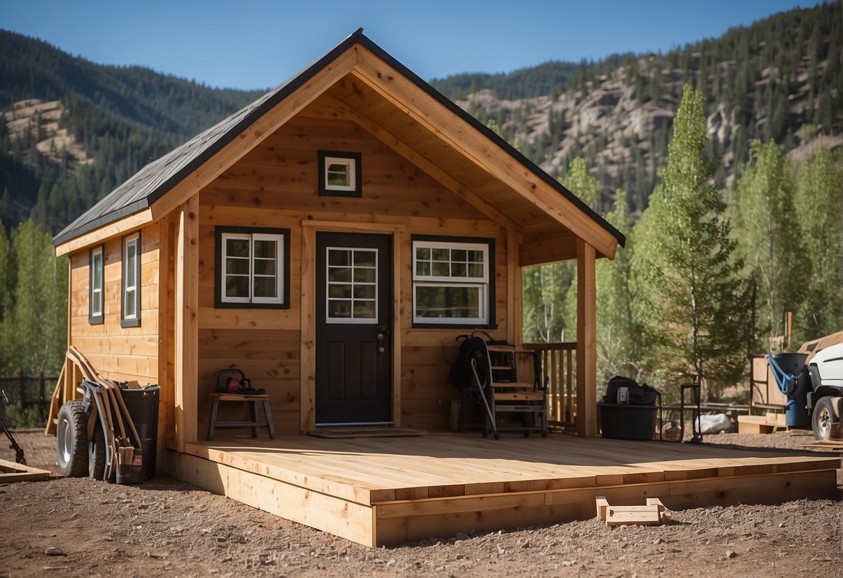 Tiny home builders construct in Durango CO, surrounded by mountains and pine trees. Tools and materials scattered around the site