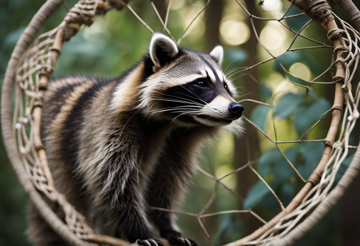 A raccoon emerges from the forest, its mask-like face and ringed tail standing out against the daylight. In the background, symbols from various cultures, such as a Native American dreamcatcher and a Chinese yin-yang, represent the spiritual