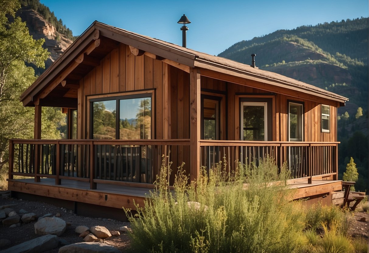 A cozy tiny home nestled in the scenic mountains of Durango, CO, surrounded by lush greenery and a clear blue sky