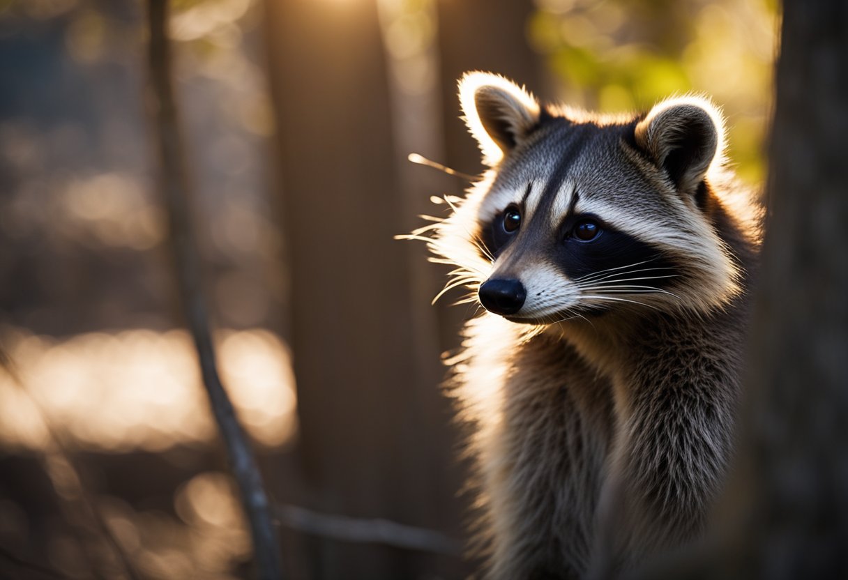 A raccoon stands in a shaft of sunlight, its fur glowing in the golden rays. It looks alert, its eyes reflecting the light as it pauses in its daytime wanderings