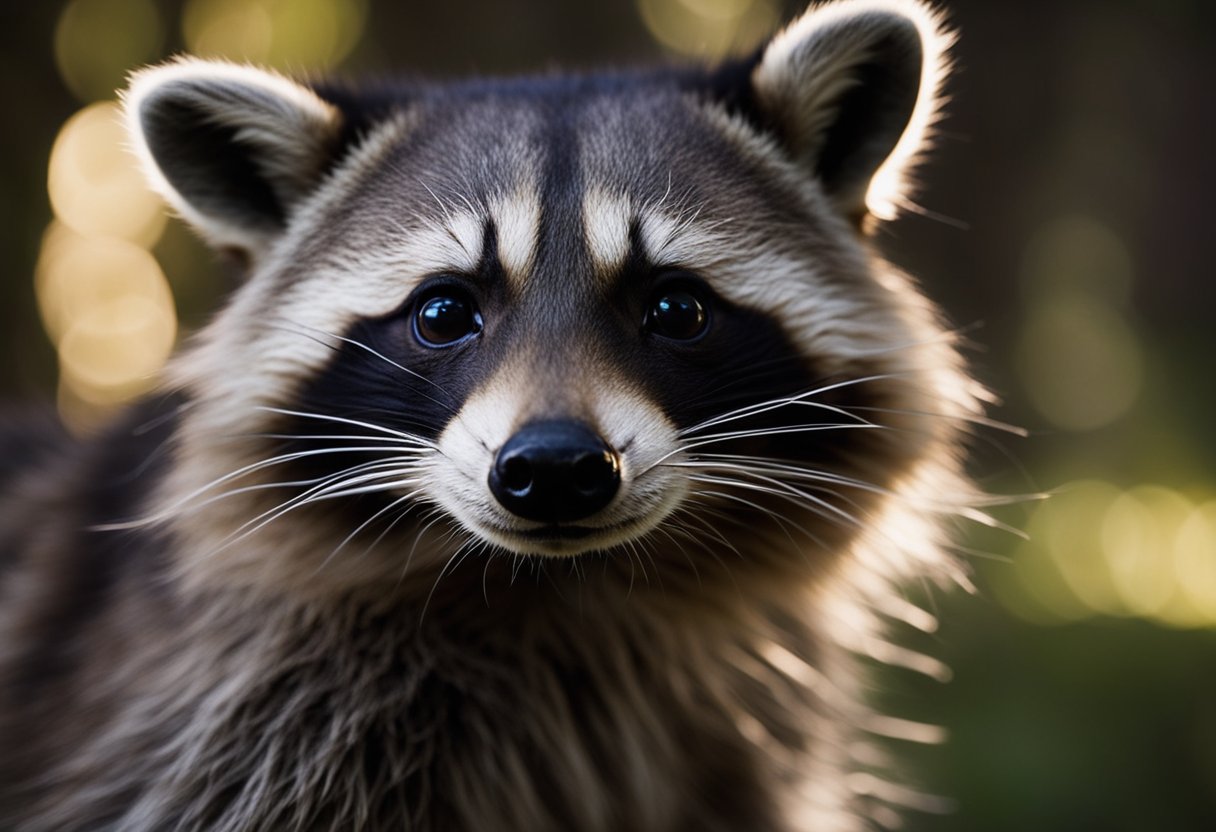 A raccoon emerges from the shadows, its masked face illuminated by daylight. It appears curious, exploring its surroundings with purpose