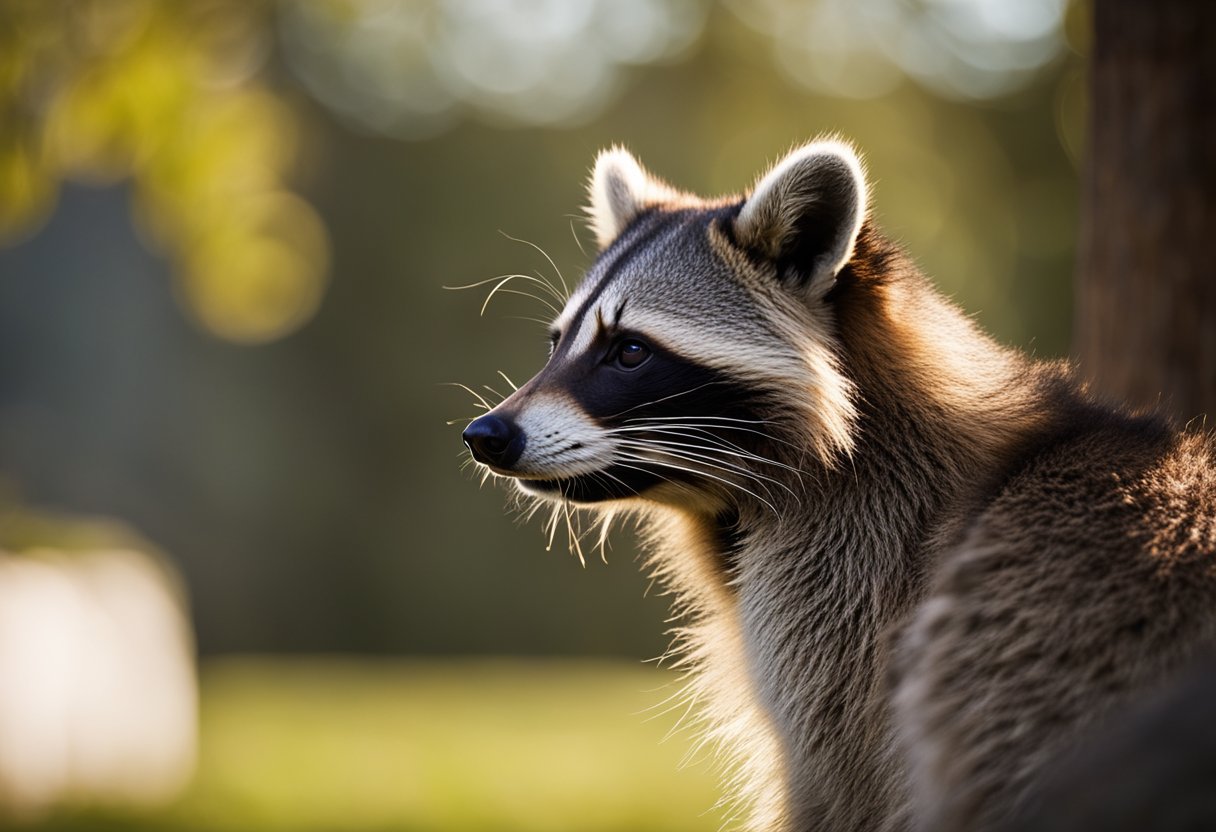 A raccoon stands boldly in daylight, its mask-like face and ringed tail symbolizing curiosity and resourcefulness as a spirit animal