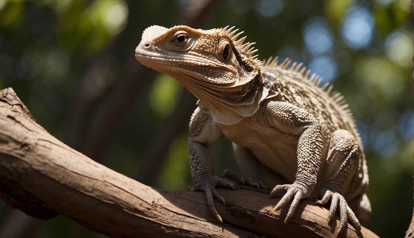 A frilled lizard stands on hind legs, displaying its frill.

It camouflages on a tree branch in the Australian outback