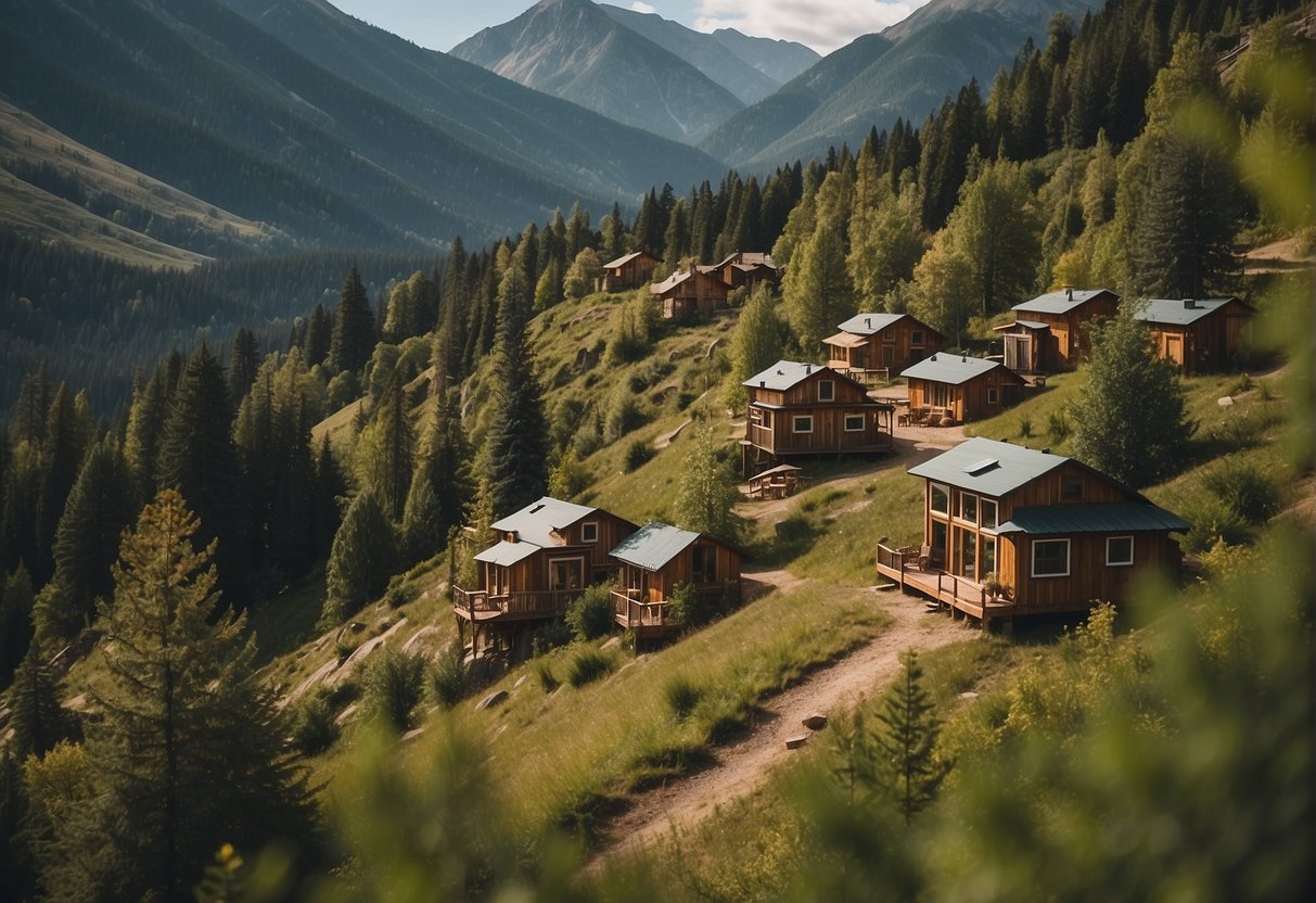 A picturesque mountain town with rustic, eco-friendly tiny homes nestled among the trees and surrounded by breathtaking natural landscapes