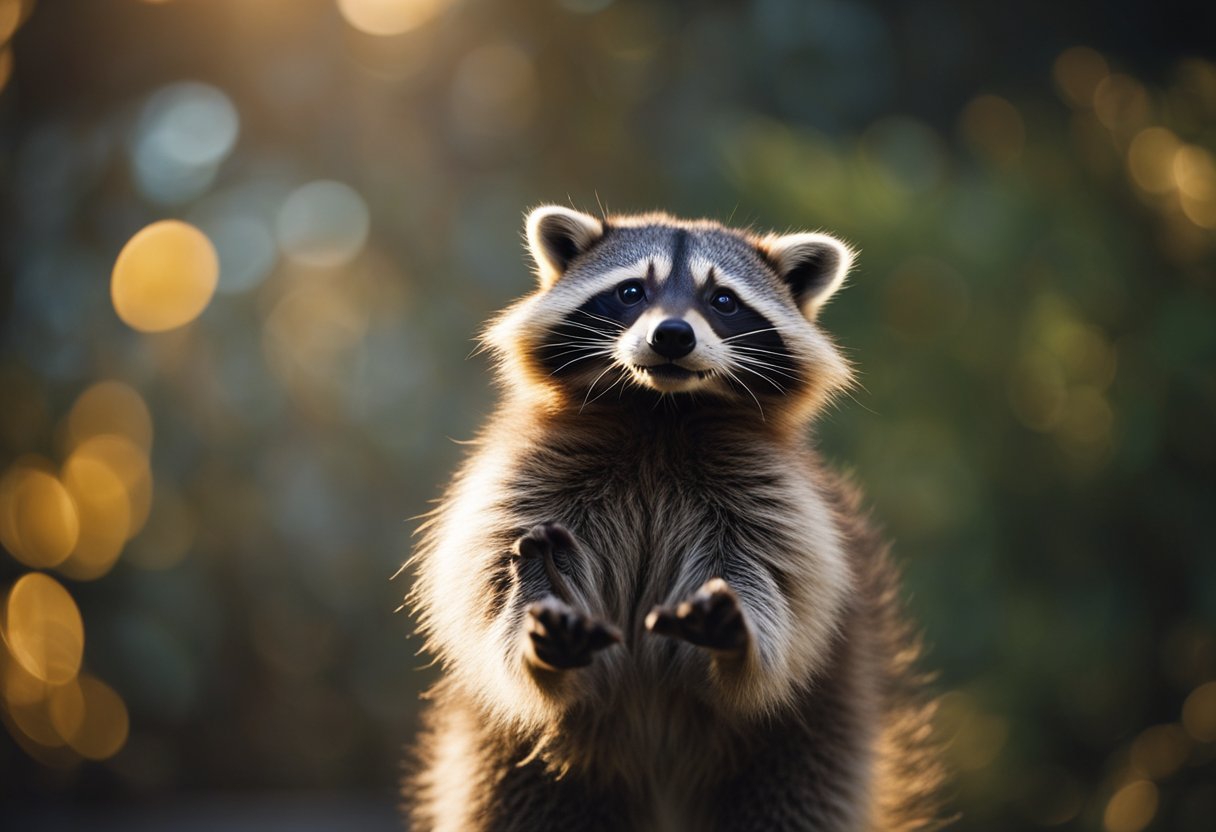 A raccoon stands on hind legs, gazing at the viewer with intelligent eyes. Its paws are dexterously reaching for a shiny object, surrounded by a mystical glow