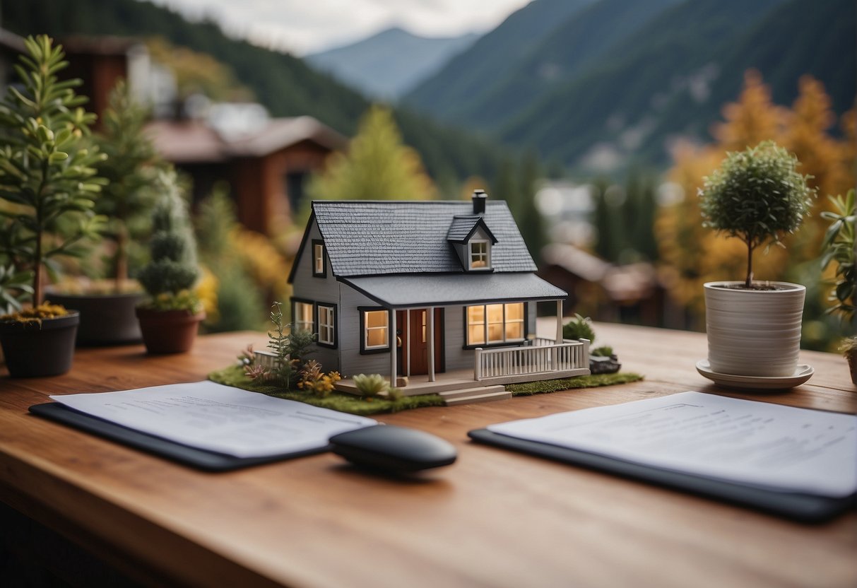 A tiny home nestled in a picturesque mountain town, with a focus on zoning and legal documents displayed on a desk