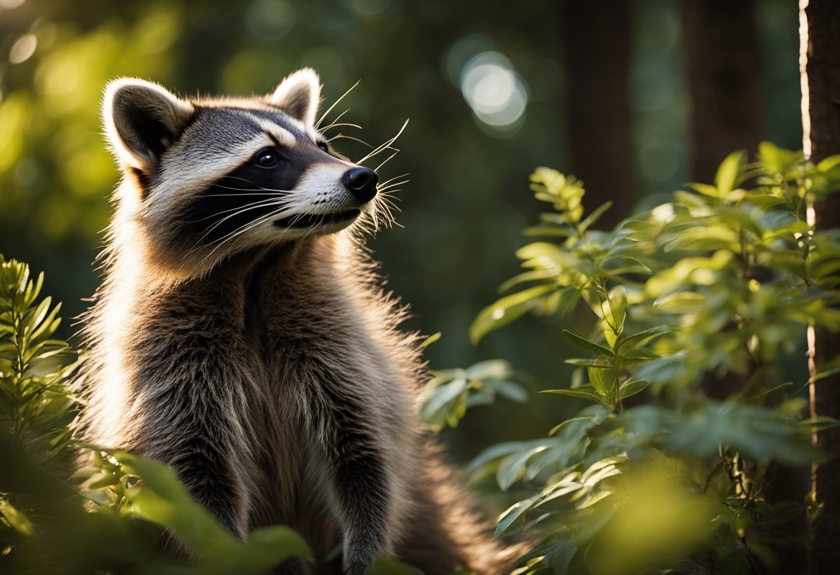 A raccoon stands in a sunlit forest, its curious eyes gazing upward. Surrounding plants and animals seem to pay it homage, symbolizing spiritual growth
