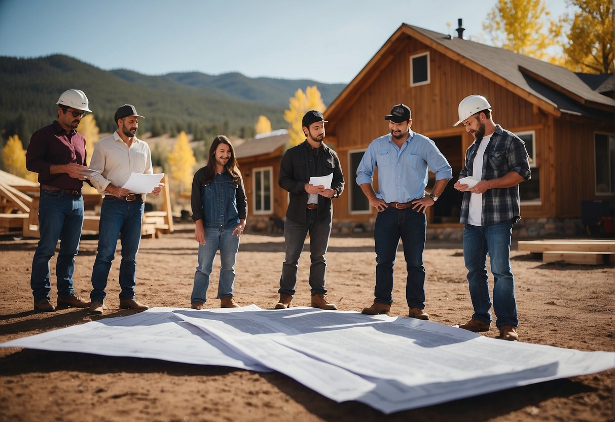 A group of tiny home builders in Durango, CO discuss cost estimates and financing options, surrounded by blueprints and construction materials