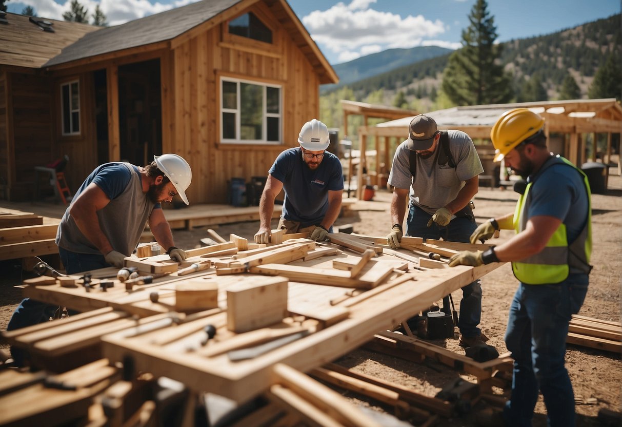 A group of tiny home builders in Durango, CO, busy at work constructing homes, surrounded by tools, materials, and blueprints