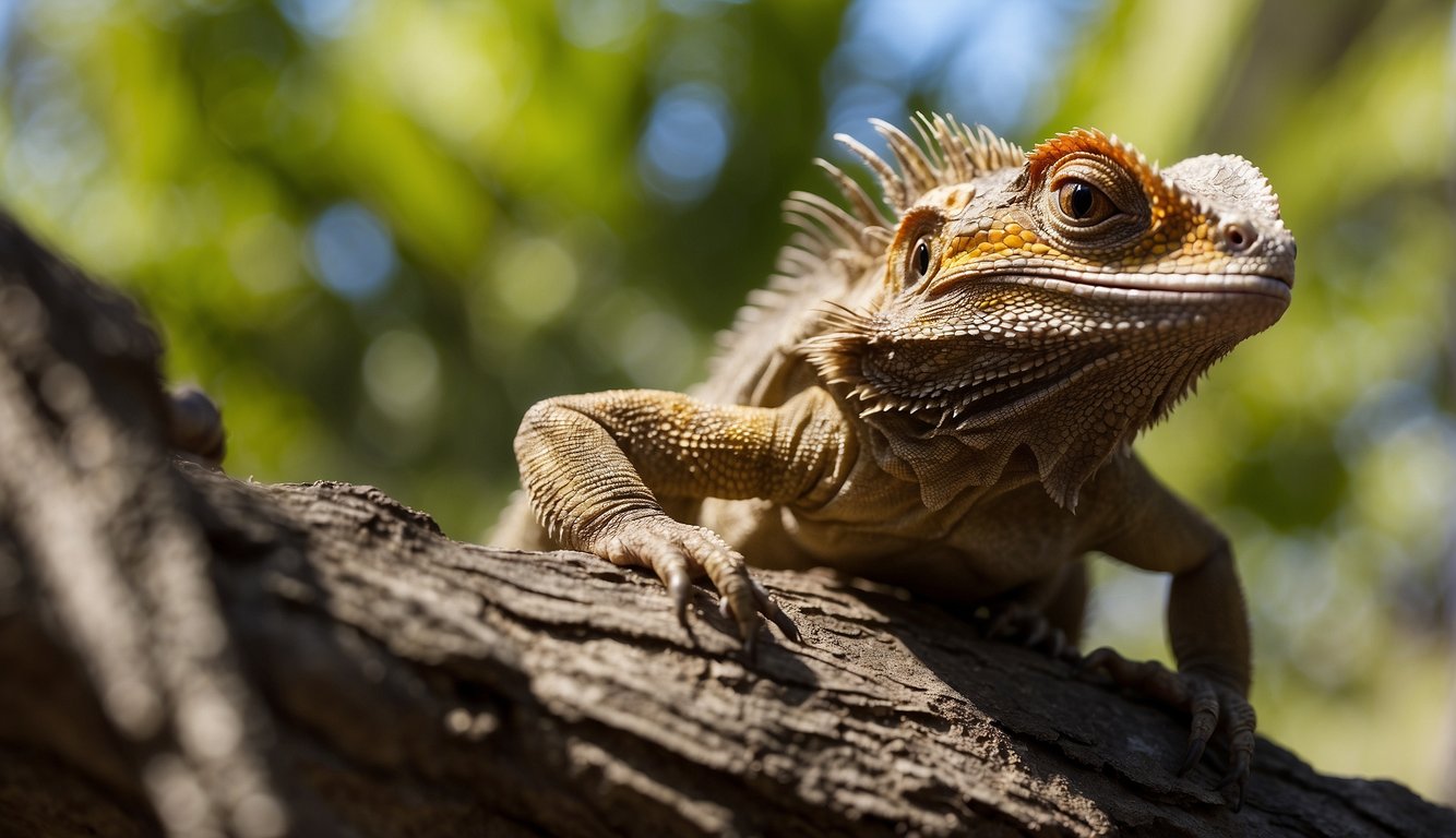 A frilled lizard perches on a tree branch, its colorful frill extended as it basks in the sun.

Nearby, another lizard scampers across the ground, blending in with the rocky terrain