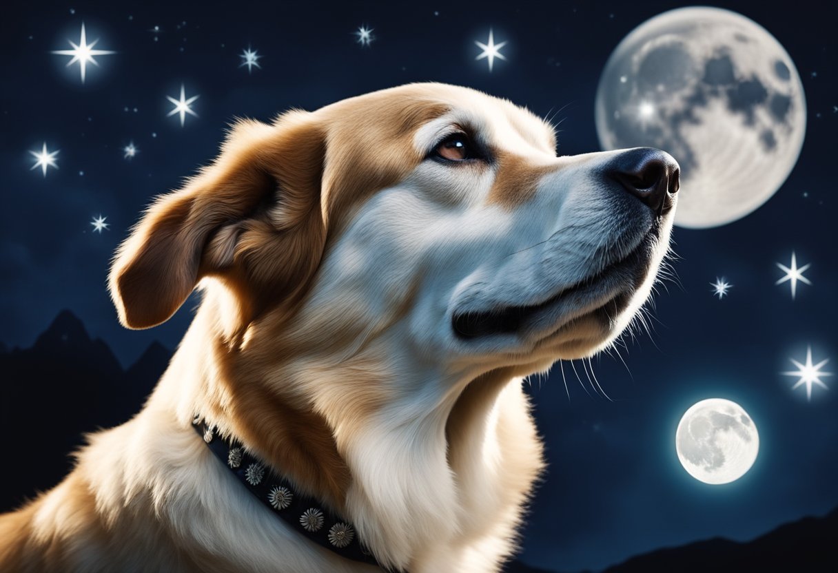 A dog howling under the moon, surrounded by symbols of spirituality and cultural significance
