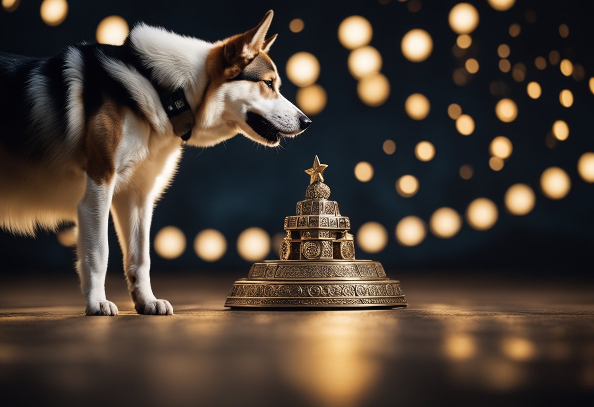 A dog howls under a full moon, surrounded by symbols of different spiritual traditions