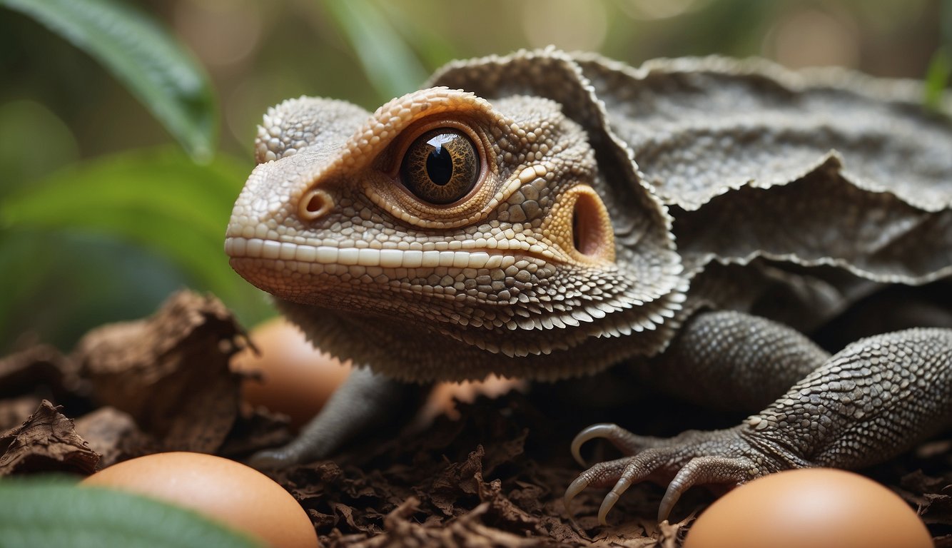 A frilled lizard emerges from its egg, shedding its delicate shell.

It grows, molts, and eventually displays its impressive frill in a territorial display