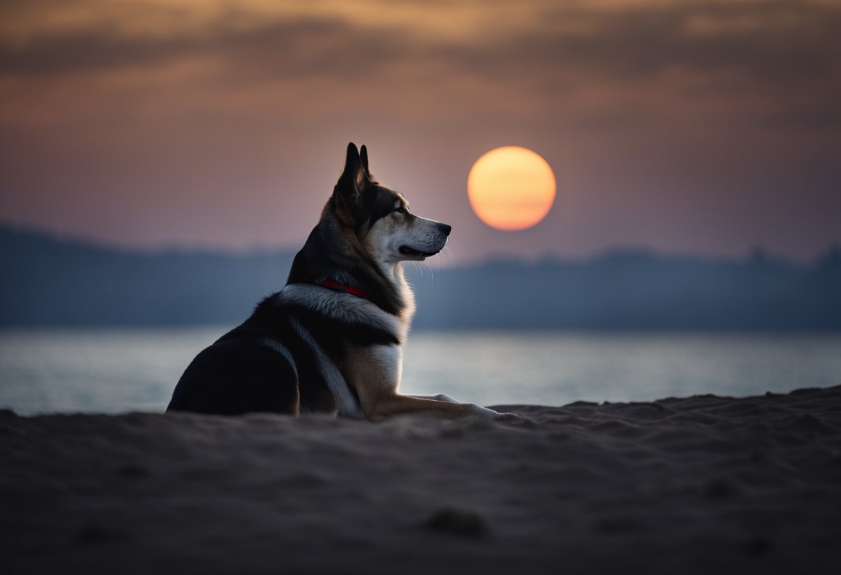 A dog sits under a moonlit sky, howling softly with its head tilted up, as if seeking solace from the night
