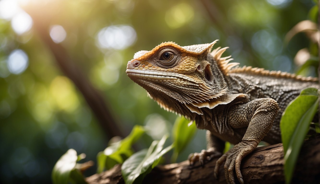 A frilled lizard perches on a tree branch, surrounded by lush vegetation.

Its frill is extended, and it is basking in the sunlight, displaying its unique features
