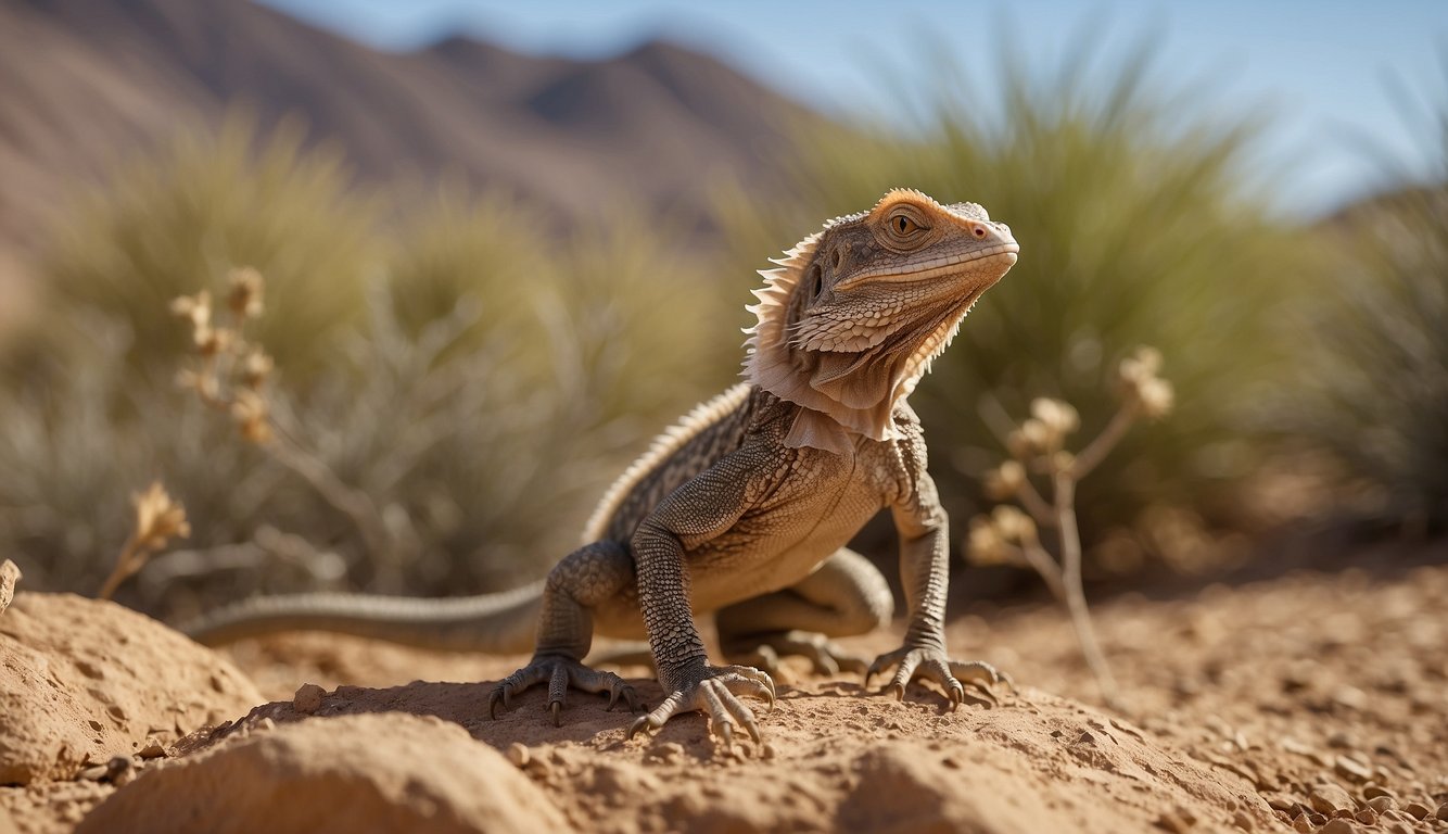A frilled lizard stands on hind legs, displaying its frill.

Desert background with rocks and sparse vegetation. Sunlight casts shadows