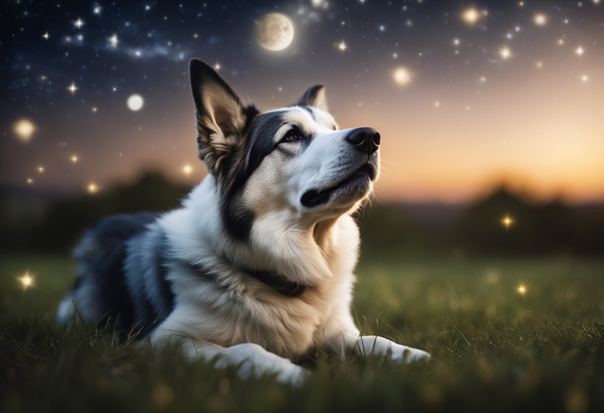 A dog sits beneath a starry sky, howling softly. The moonlight casts a gentle glow, emphasizing the bond between human and canine