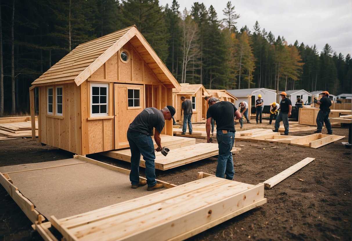 Tiny homes being constructed on the East Coast, with workers assembling and painting the exterior. Materials and tools scattered around the site