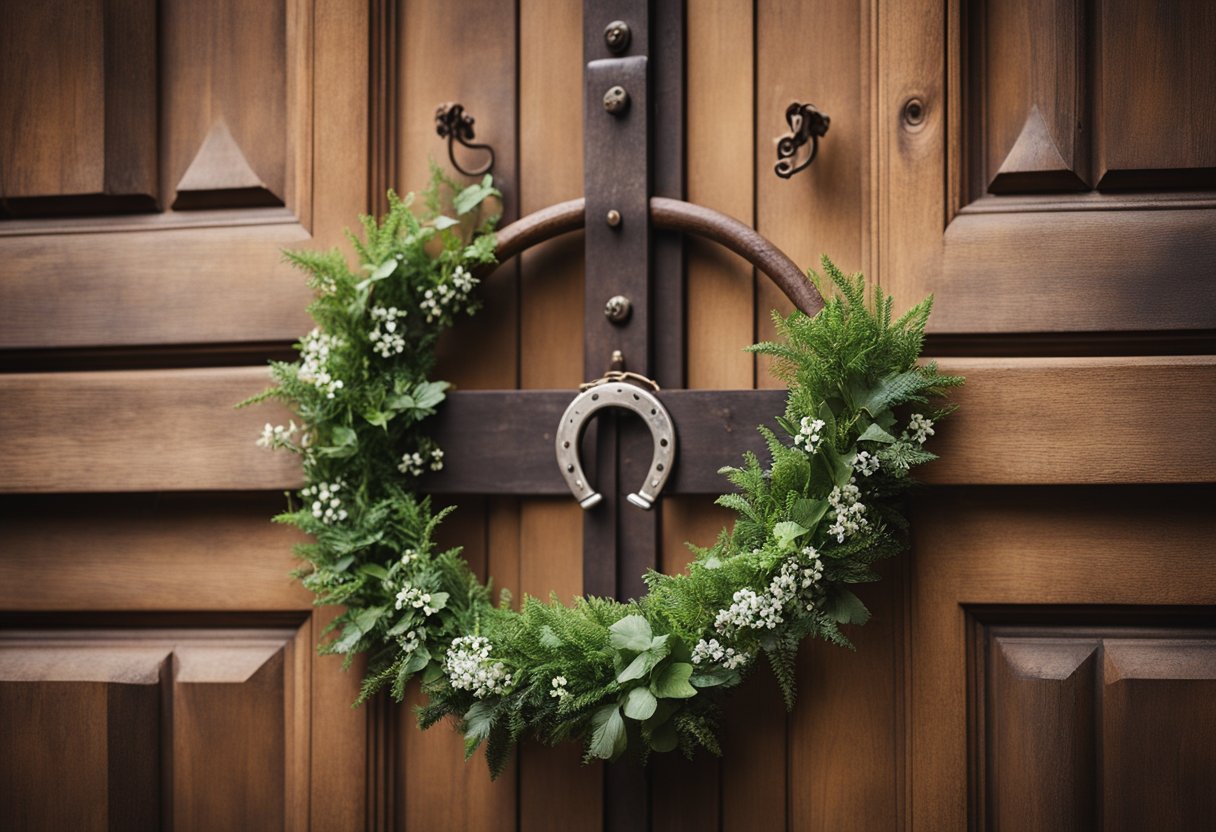 A horseshoe hangs above a rustic door, symbolizing protection and good luck. Surrounding it are elements of nature, emphasizing its spiritual significance