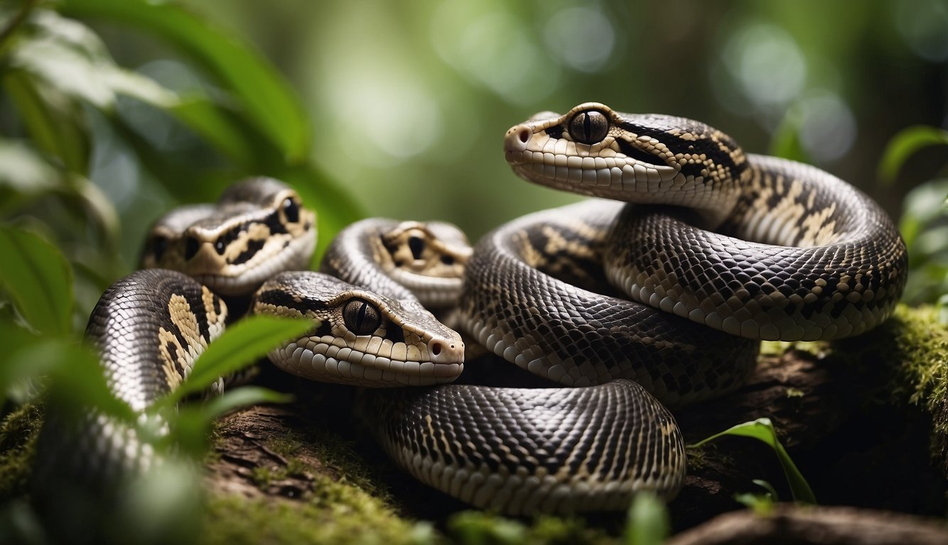 A group of boa constrictors slither through a lush jungle, their long bodies twisting and coiling around branches and tree trunks