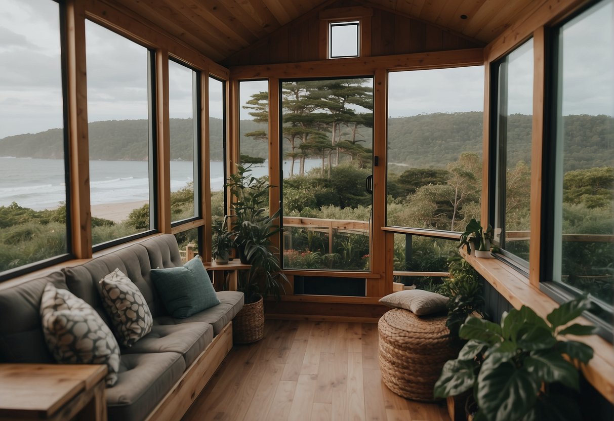 A cozy tiny home nestled in the scenic East Coast, surrounded by lush greenery and overlooking the ocean