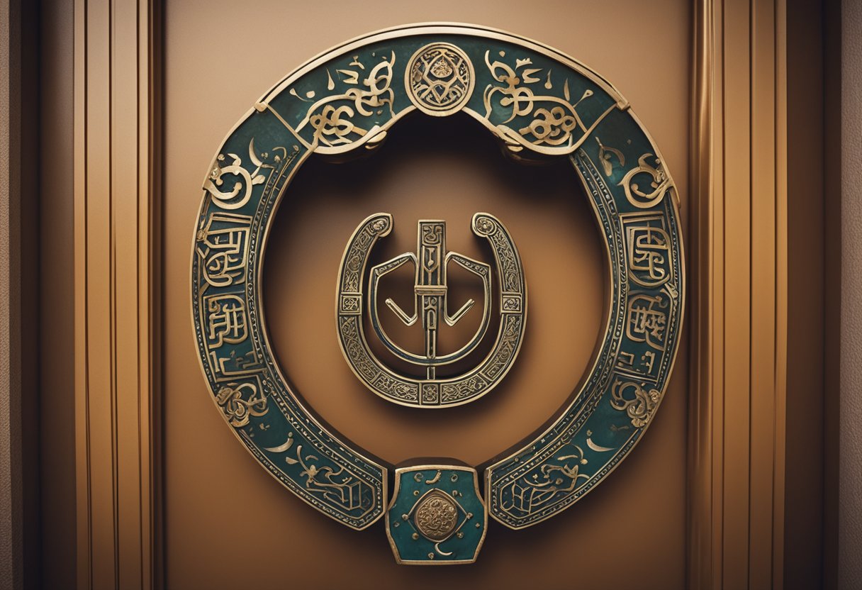 A horseshoe suspended above a doorway, with symbols of luck and protection from various cultures intertwined in the design