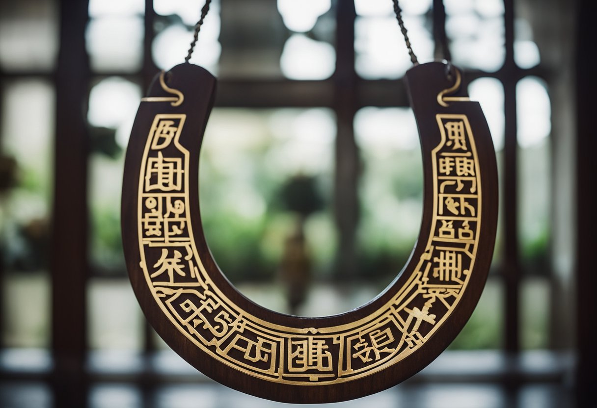 A horseshoe hangs above a doorway, surrounded by symbols of Feng Shui. The energy flows harmoniously, representing luck and protection