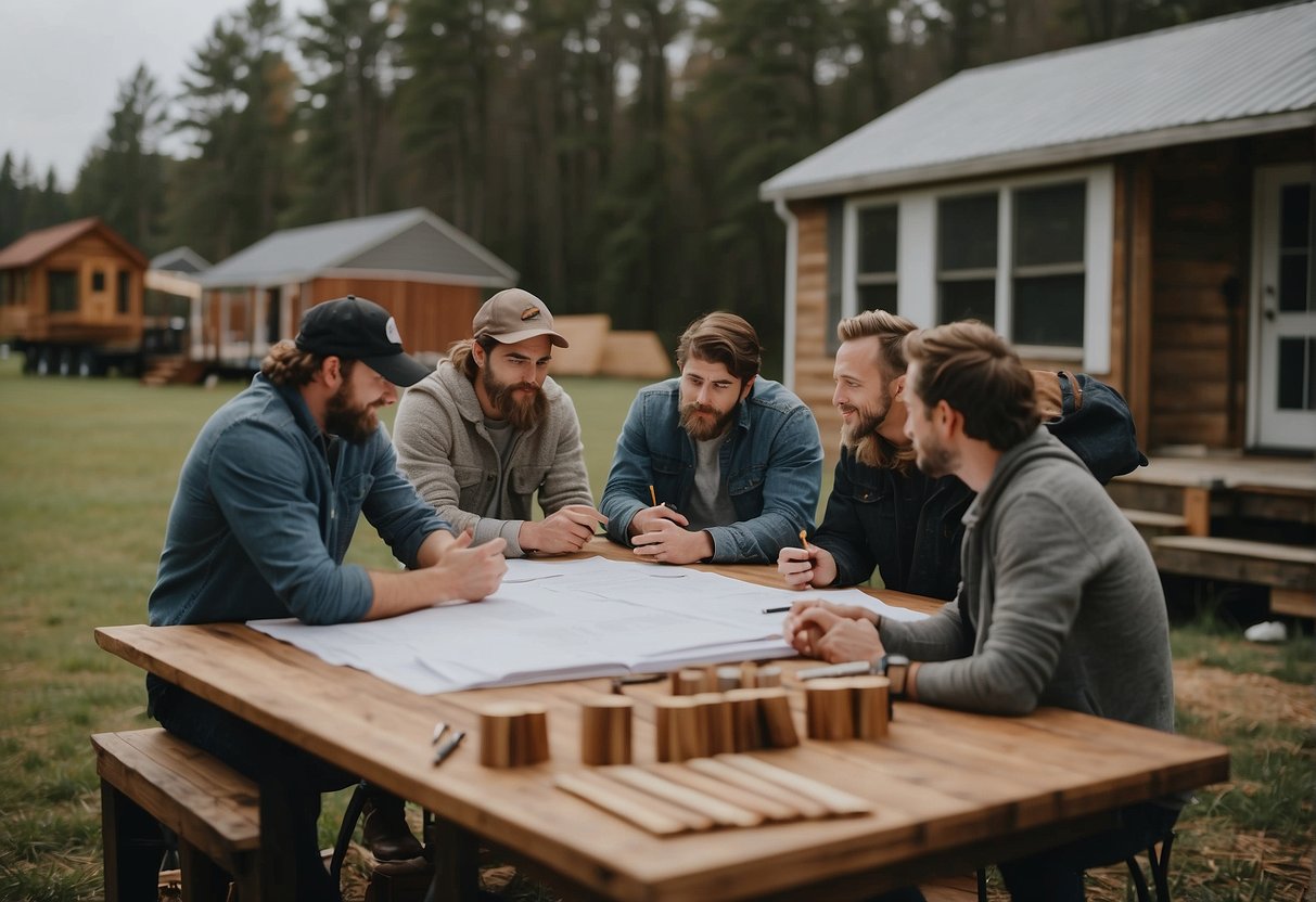 A group of tiny home builders in the East Coast discussing design plans and materials for a new project
