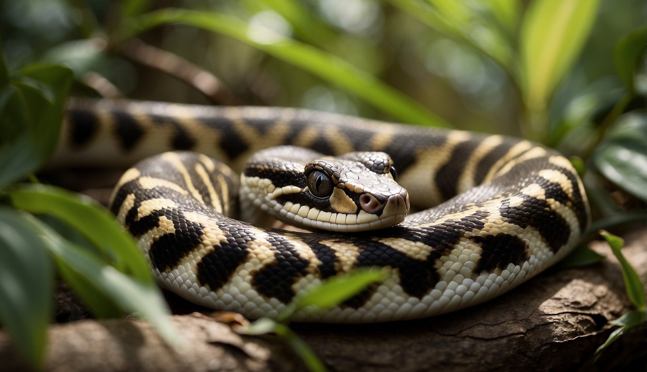 A boa constrictor slithers through dense foliage, its sleek body coiled around a tree branch.

Its patterned scales glisten in the dappled sunlight, while its keen eyes survey the surrounding habitat