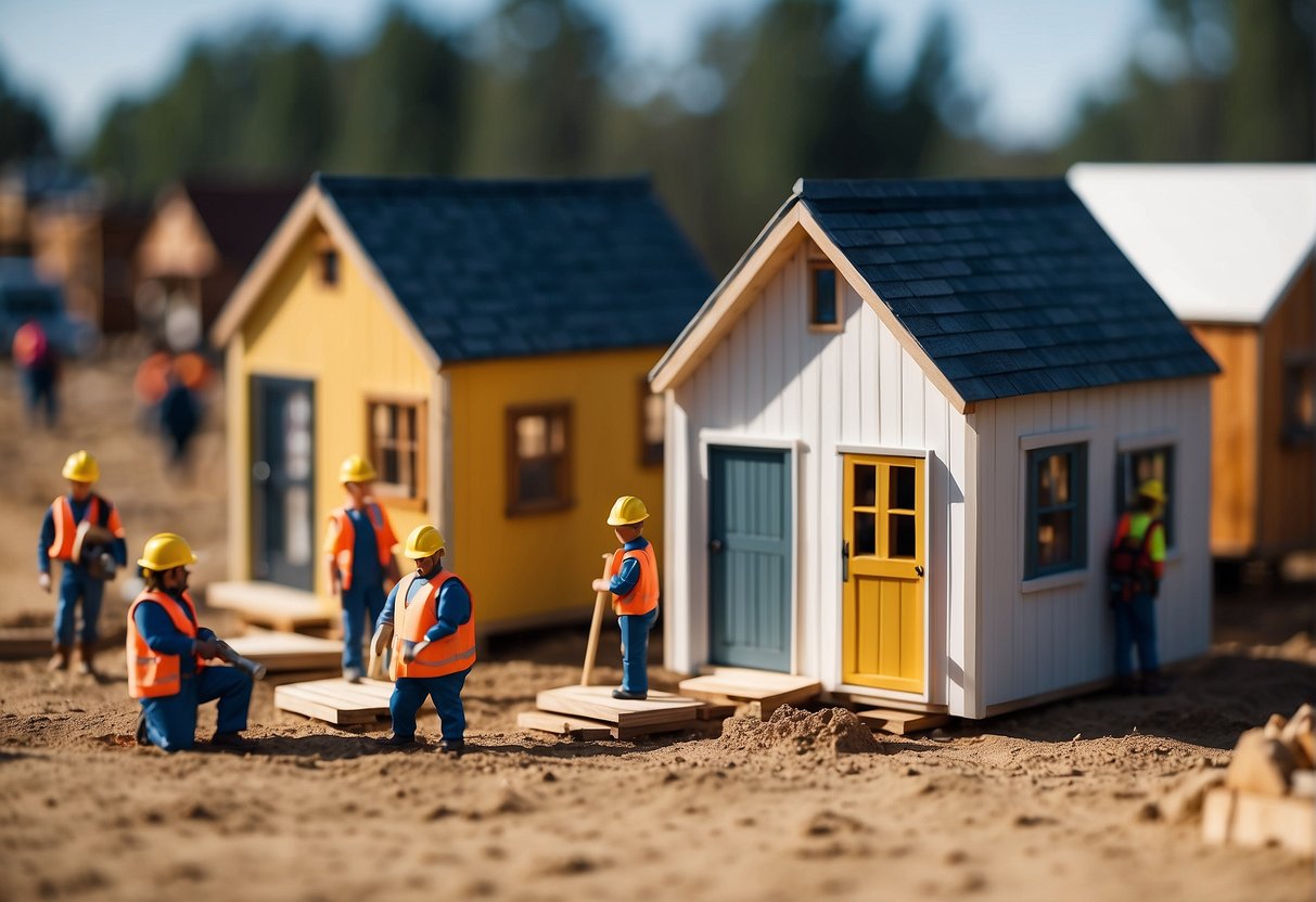 A row of tiny homes being constructed on the East Coast, with workers and equipment on-site