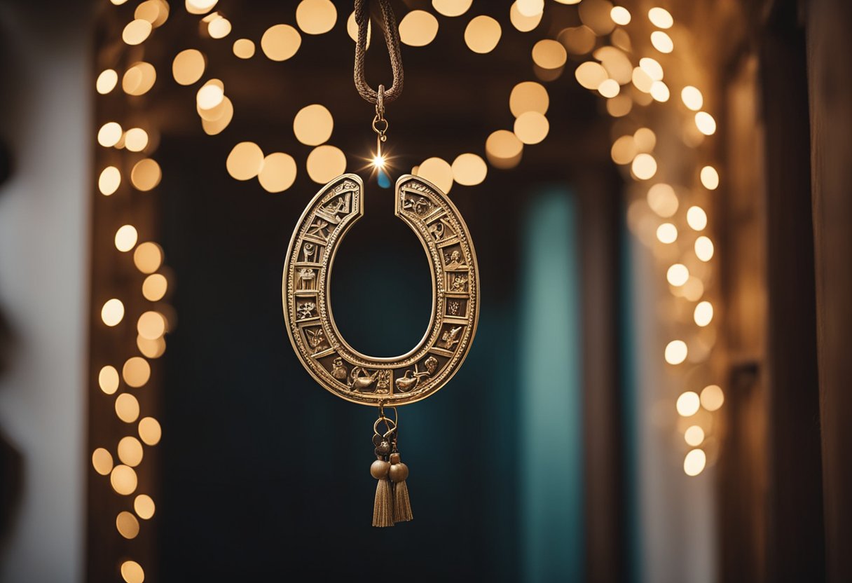 A horseshoe hangs above a doorway, surrounded by symbols of luck and spirituality. A beam of light shines down on it, emphasizing its significance