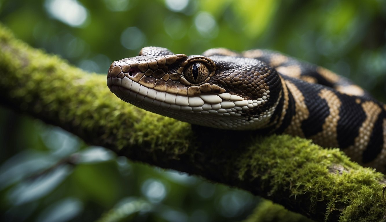 A boa constrictor slithers through a lush jungle, its long body coiled around a tree branch.

It is surrounded by vibrant foliage and the sounds of wildlife