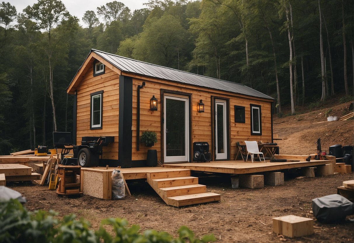 Tiny home builders construct in East Tennessee. Tools and materials scattered around. Rolling hills and lush greenery in the background