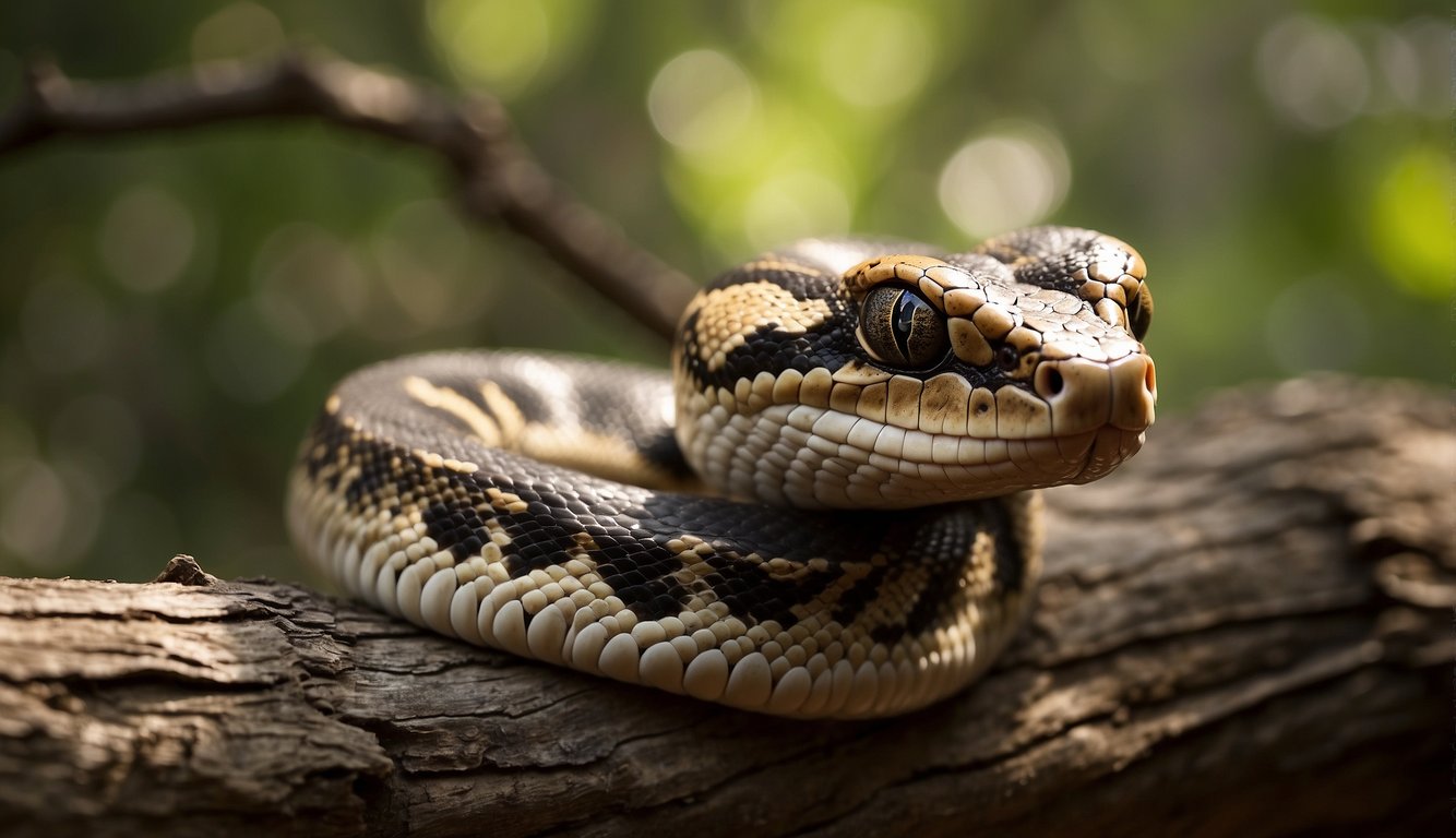 A large boa constrictor coils around a tree branch, its smooth scales glistening in the sunlight.

Its muscular body is showcased as it moves with grace and power