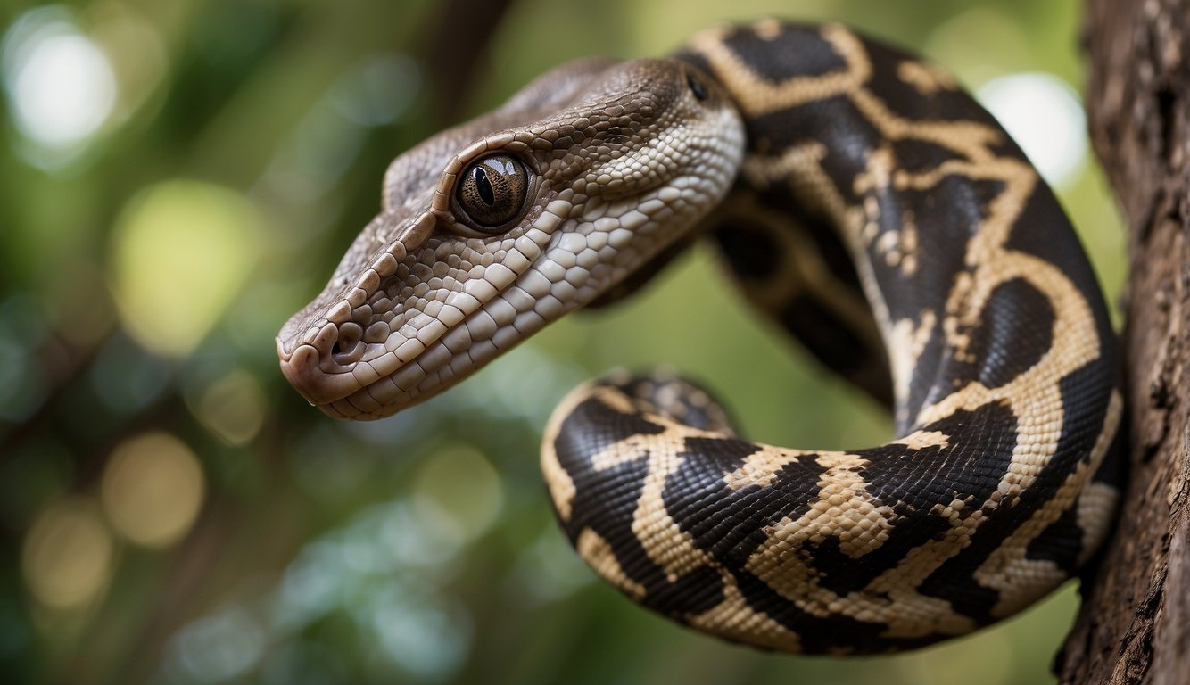 A boa constrictor coils around a tree branch, its long body patterned with intricate markings.

Its tongue flicks out, tasting the air as it waits patiently for its next meal