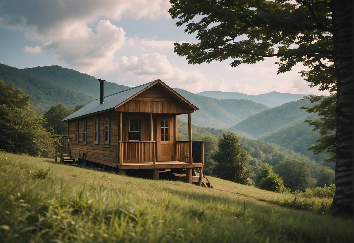 A tiny home nestled in the rolling hills of East Tennessee, surrounded by lush greenery and a backdrop of the Great Smoky Mountains