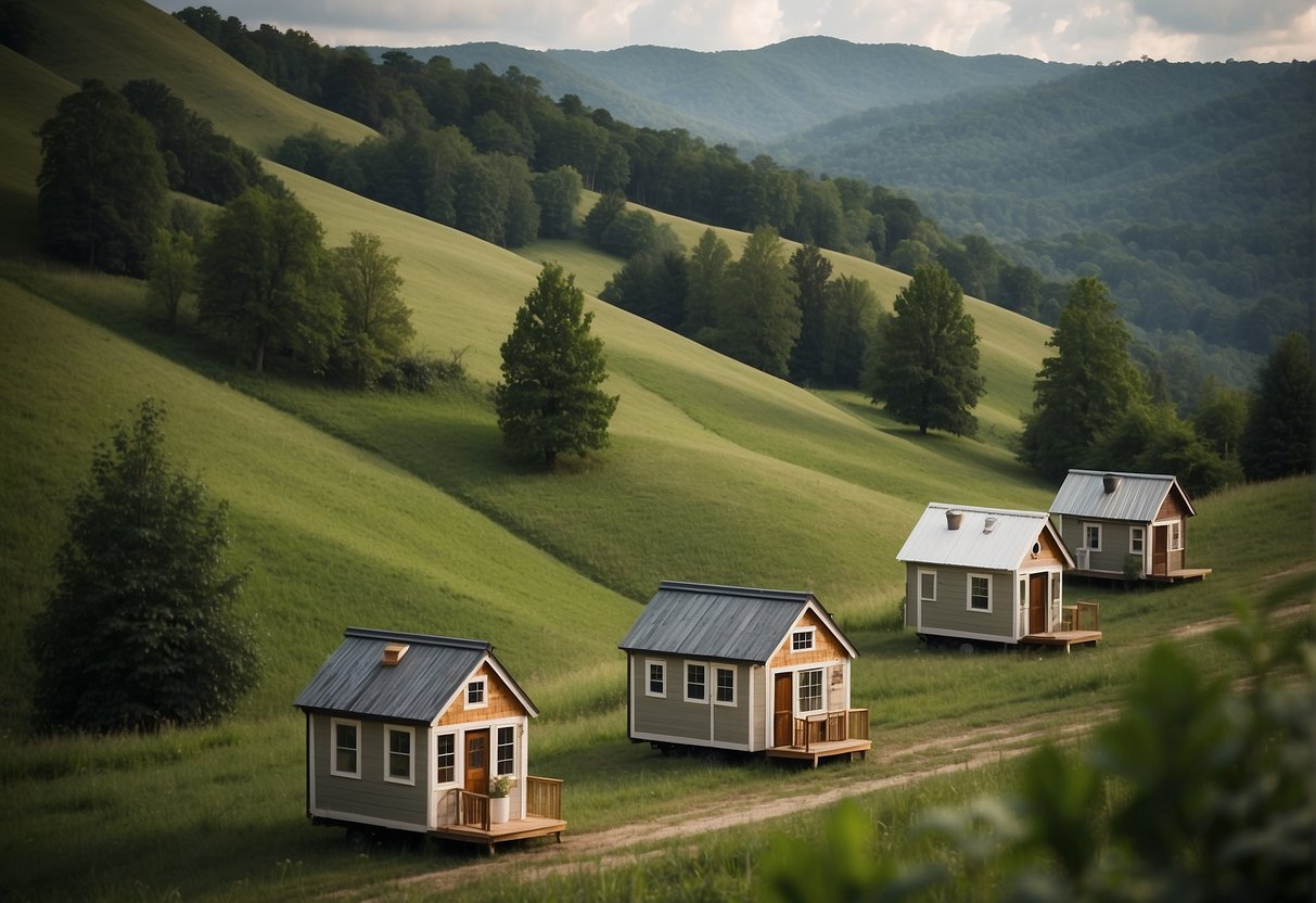 A row of charming tiny homes nestled in the rolling hills of East Tennessee, surrounded by lush greenery and a peaceful, serene atmosphere