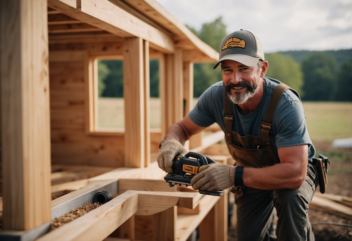 A carpenter constructs a tiny home in East Tennessee, using tools and materials to build the structure from the ground up