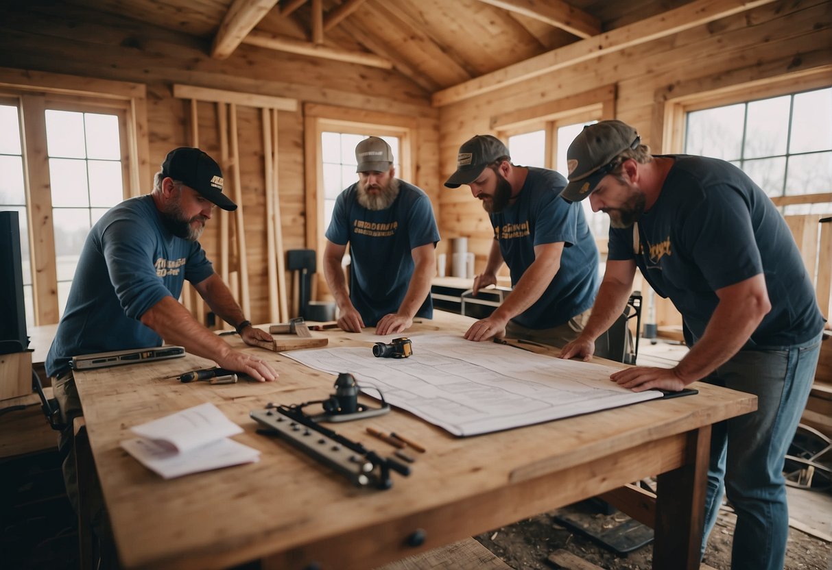 A group of tiny home builders in East Tennessee answer common questions in their workshop, surrounded by blueprints and tools