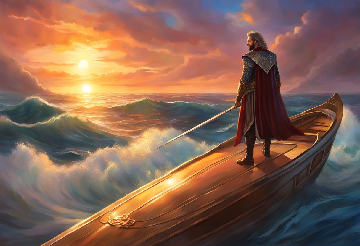 The Ocean Master stands proudly on a sleek boat, waves crashing around him. The sun sets behind him, casting a warm glow on the horizon