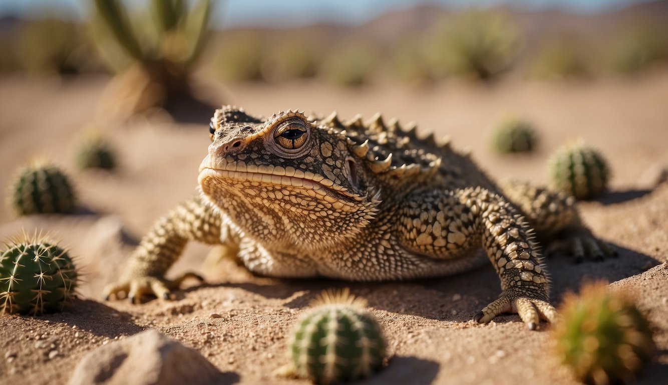 A horned toad sits on desert sand, surrounded by prickly cacti and dry rocks.

Its spiky skin blends with the rugged landscape