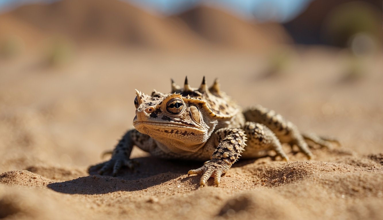 A horned toad stands on dry desert sand, its spiky skin camouflaged against the rocky terrain.

The sun beats down, casting shadows across the lizard's bumpy back