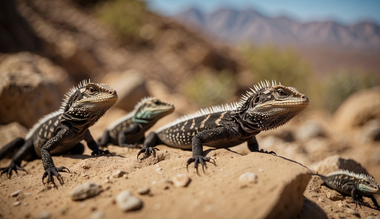 A group of spiky lizards gather around a rocky terrain, basking in the sun.

Their horned bodies are camouflaged against the sandy backdrop, while their sharp spikes and unique features are highlighted