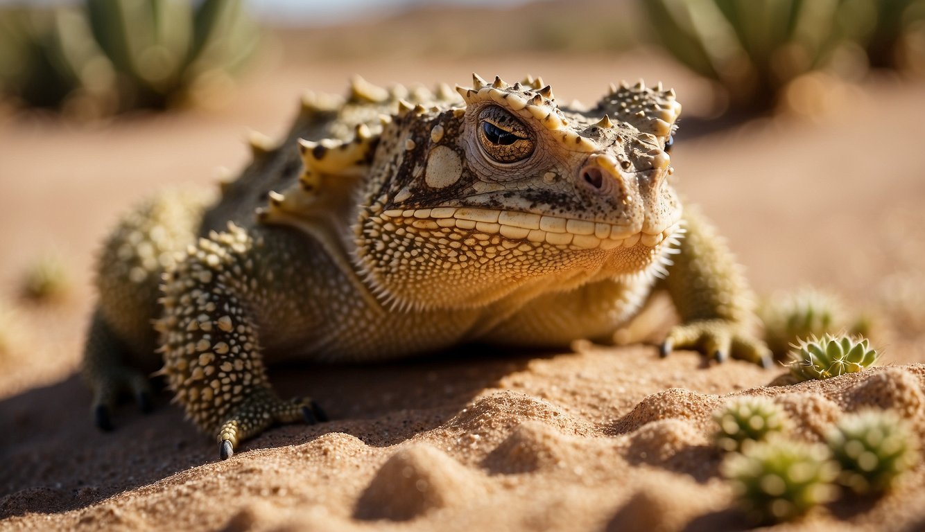 A horned toad sits on desert sand, surrounded by prickly cacti.

Sunlight illuminates its spiky body as it blends into the arid landscape