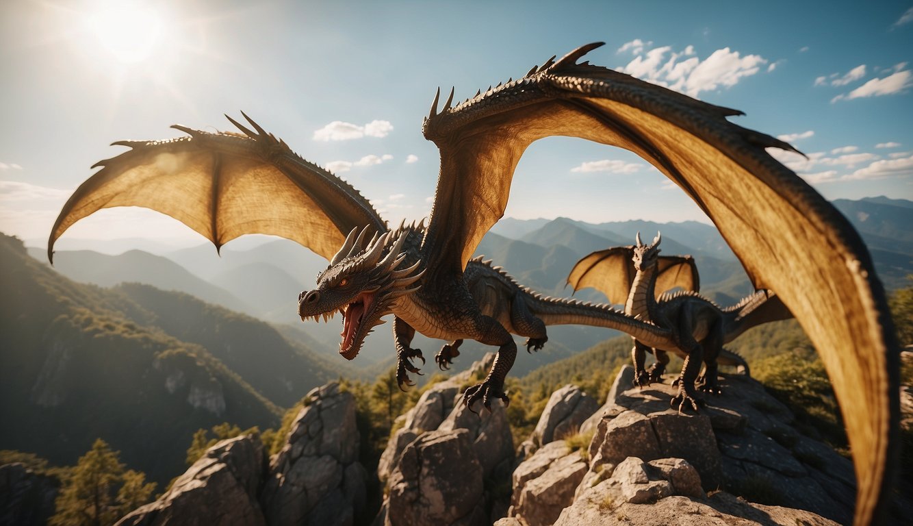 A group of dragons soar through the sky, their wings outstretched and scales glistening in the sunlight.

The majestic creatures glide effortlessly, showcasing their powerful and graceful flight