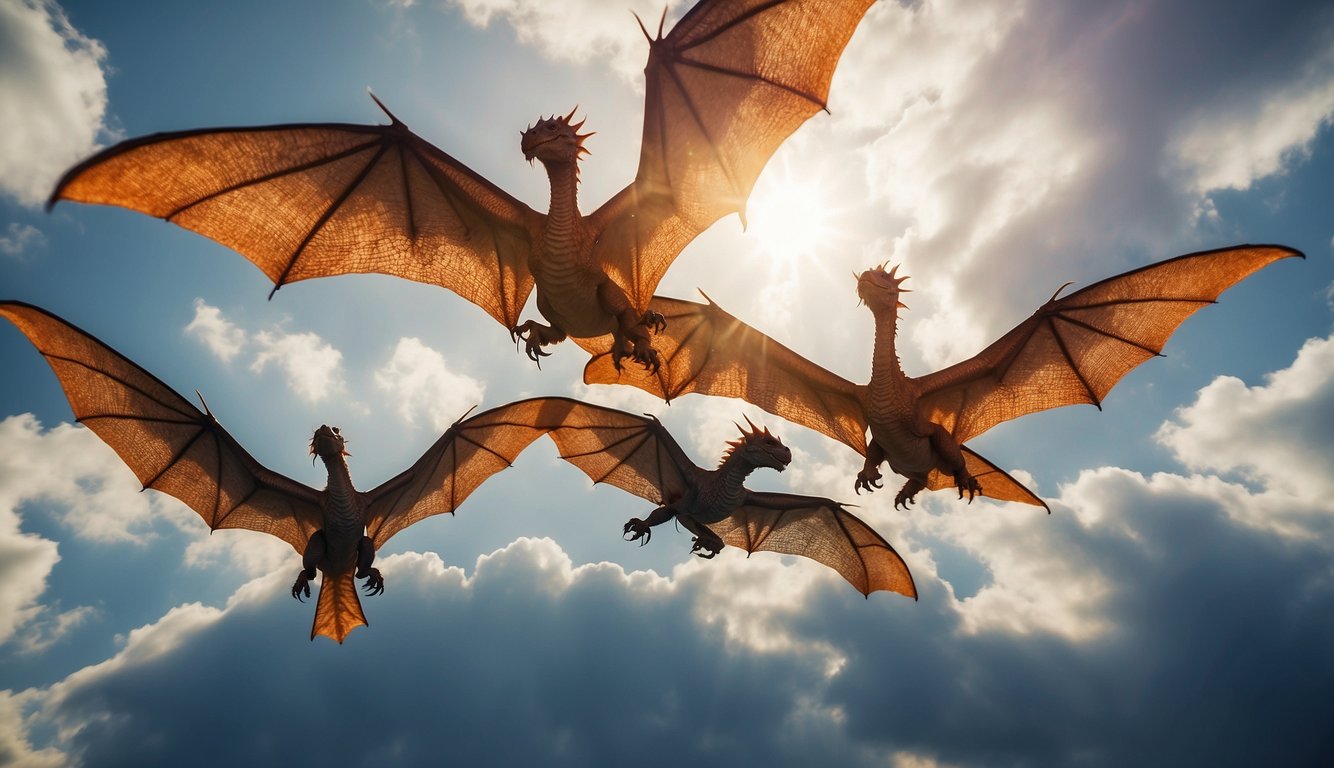 A group of flying dragons soar through the sky, their wings outstretched as they glide effortlessly through the air.

The sun shines down on their colorful scales, creating a dazzling display of light and shadow