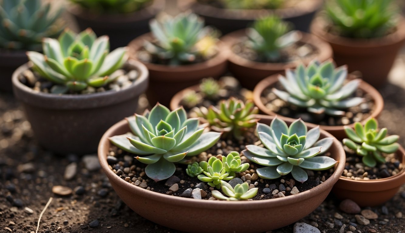 Succulent stems cut and placed on a dry surface with small pots and soil nearby. Various succulent varieties labeled for identification
