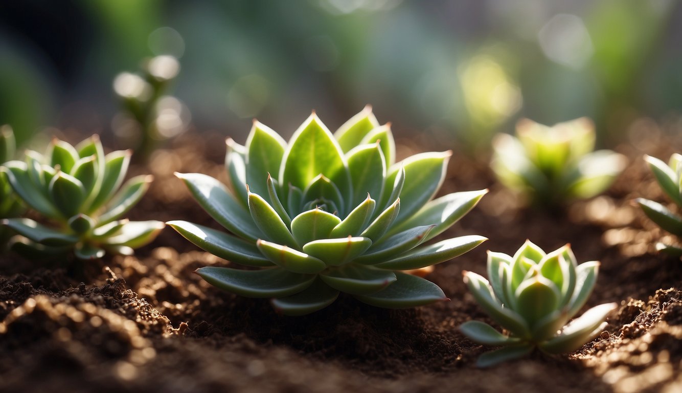 A succulent stem cutting placed on a well-draining soil mix in a small pot, with indirect sunlight and occasional misting