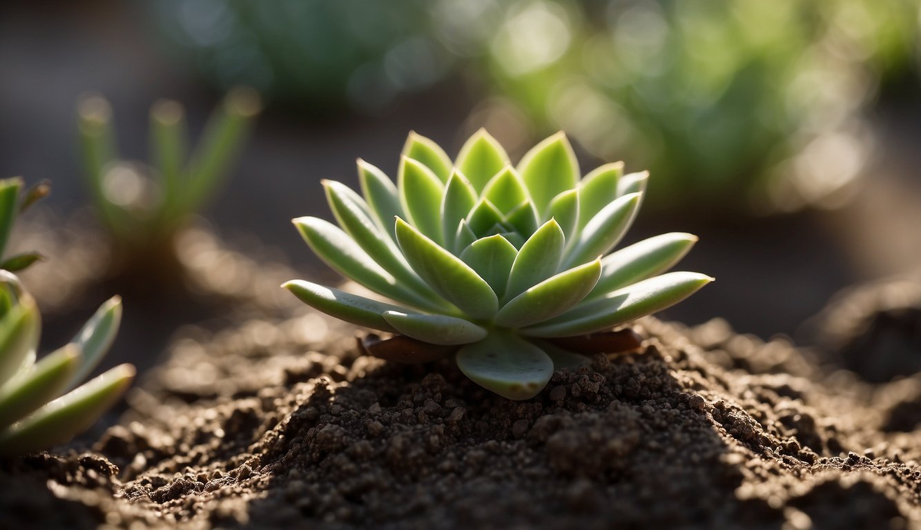 A succulent stem cutting placed on a well-draining soil mix, with indirect sunlight and regular misting, showing new roots and growth